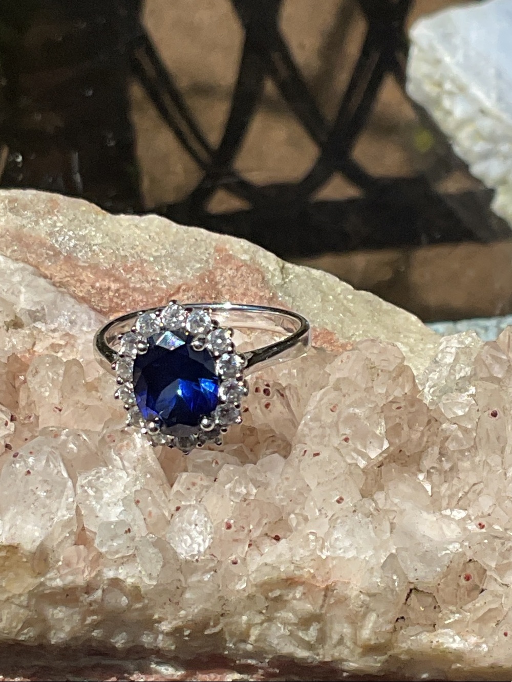 Deep Blue Halo Ring in Silver-Tone Setting
